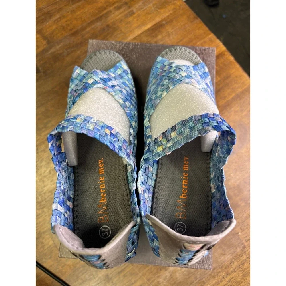 Bernie Mev Hallie Multi Camo Blue Woven Wedge Sandals Size 37 US 6.5-7